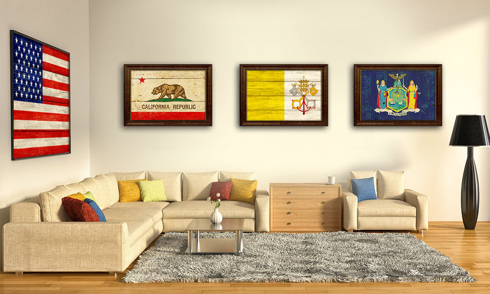 Vatican City Country Textured Flag Print With Brown Gold Frame, 15"X21"