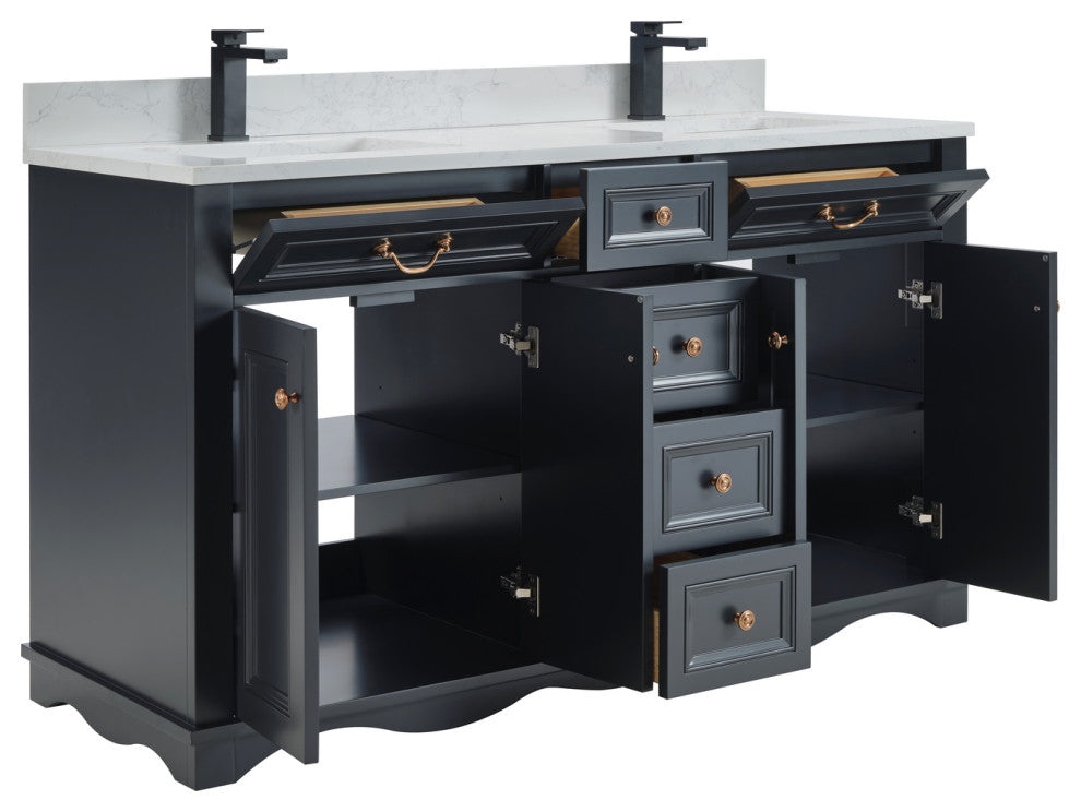 Legion Furniture WS2512 Series Bathroom Sink Vanity, Tricorn Black, 60", Artificial Stone Top, Double Sink