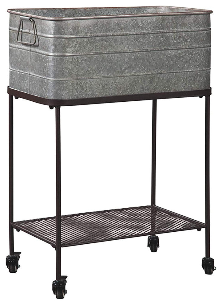 Benzara BM193778 Metal Beverage Tub with Stand & Open Grid Shelf, Gray/Black
