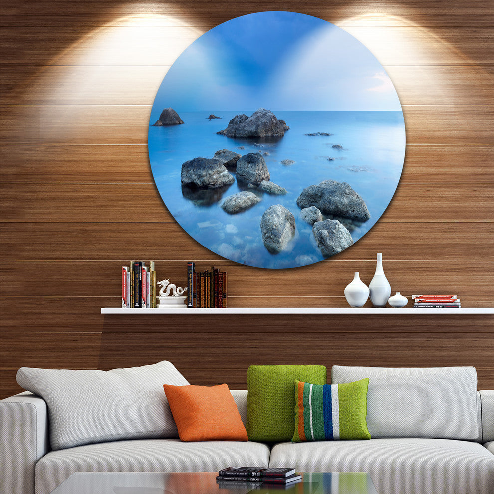 Rocky Blue Sea, Seascape Photography Round Wall Art, 23"