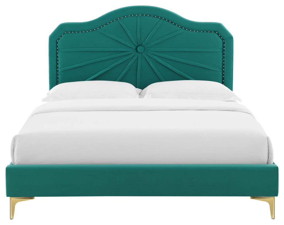 Platform Bed Frame, Twin Size, Velvet, Teal Blue, Modern Contemporary, Bedroom