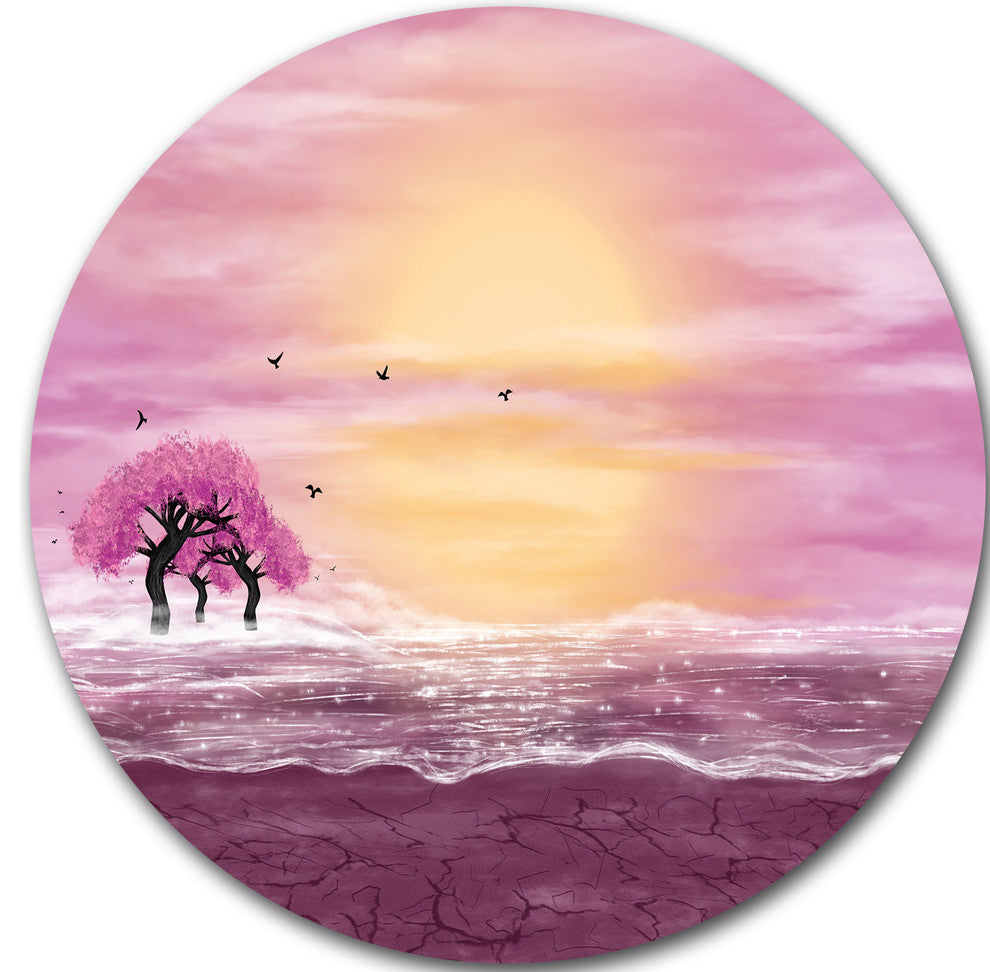 Water And Pink Trees In Desert, Landscape Art Disc Metal Wall Art, 36"