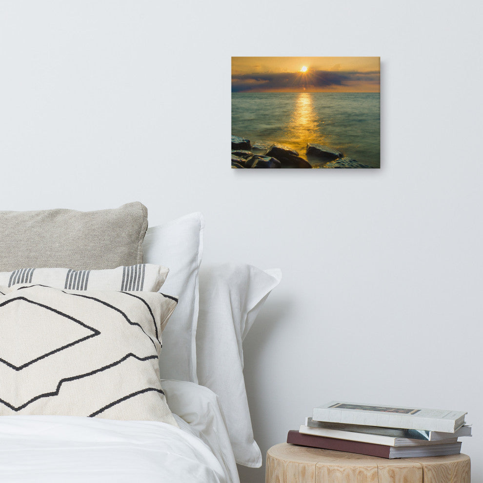 Sunset On Ocean, Sea, Beach Nature Landscape Photo Canvas Print, 12" X 16"