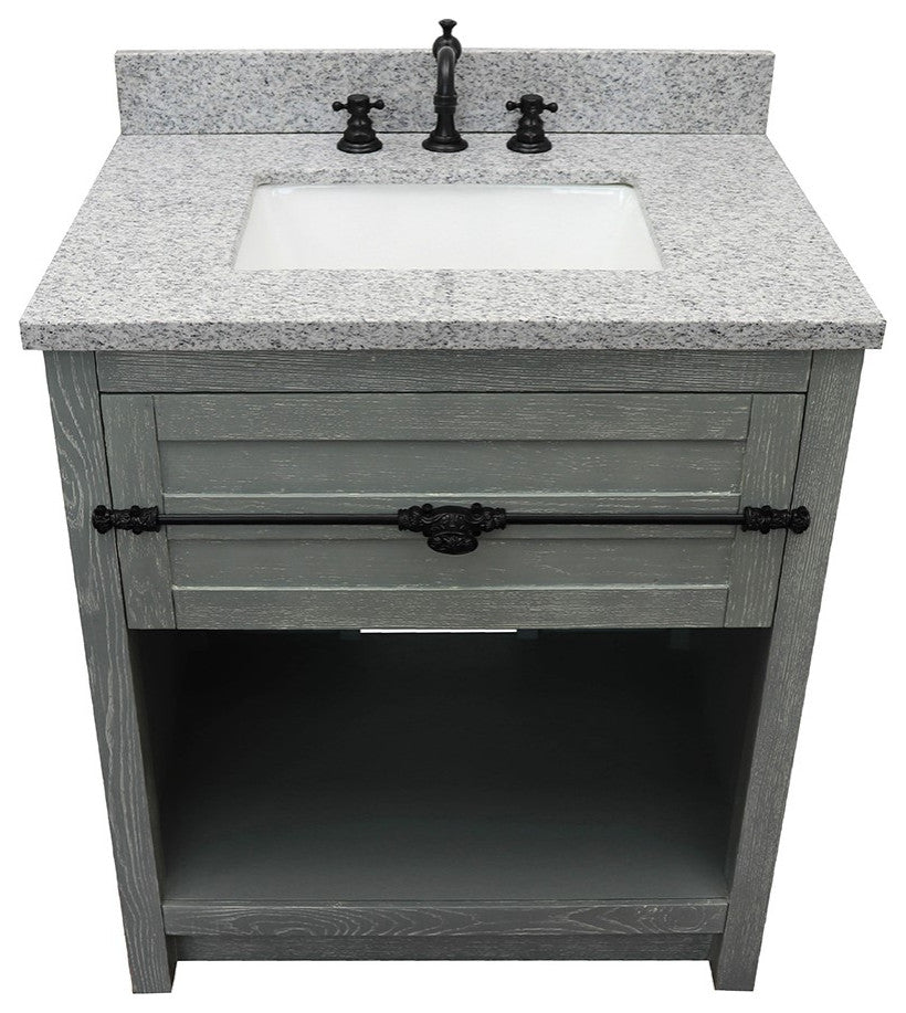 30" Single Vanity, Gray Ash, Gray Granite Top, Rectangle Sink