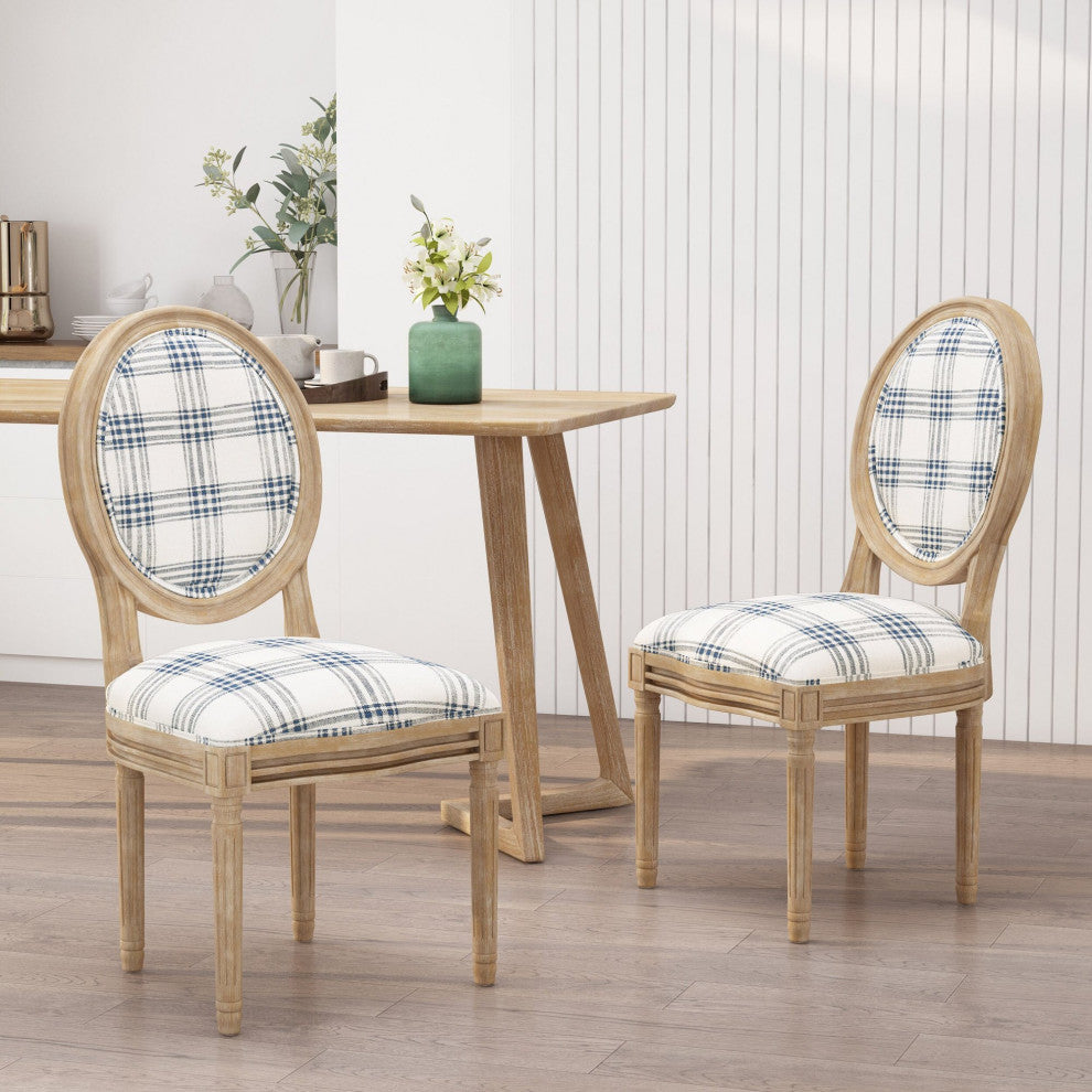 Set of 2 Dining Chair, Wood Frame With Padded Seat & Oval Back, Dark Blue Plaid