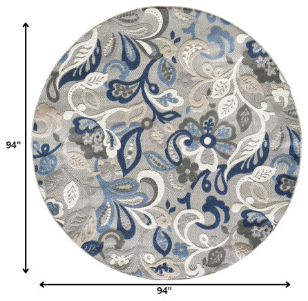 8" Round Blue Gray Jacobean Floral Indoor Outdoor Area Rug