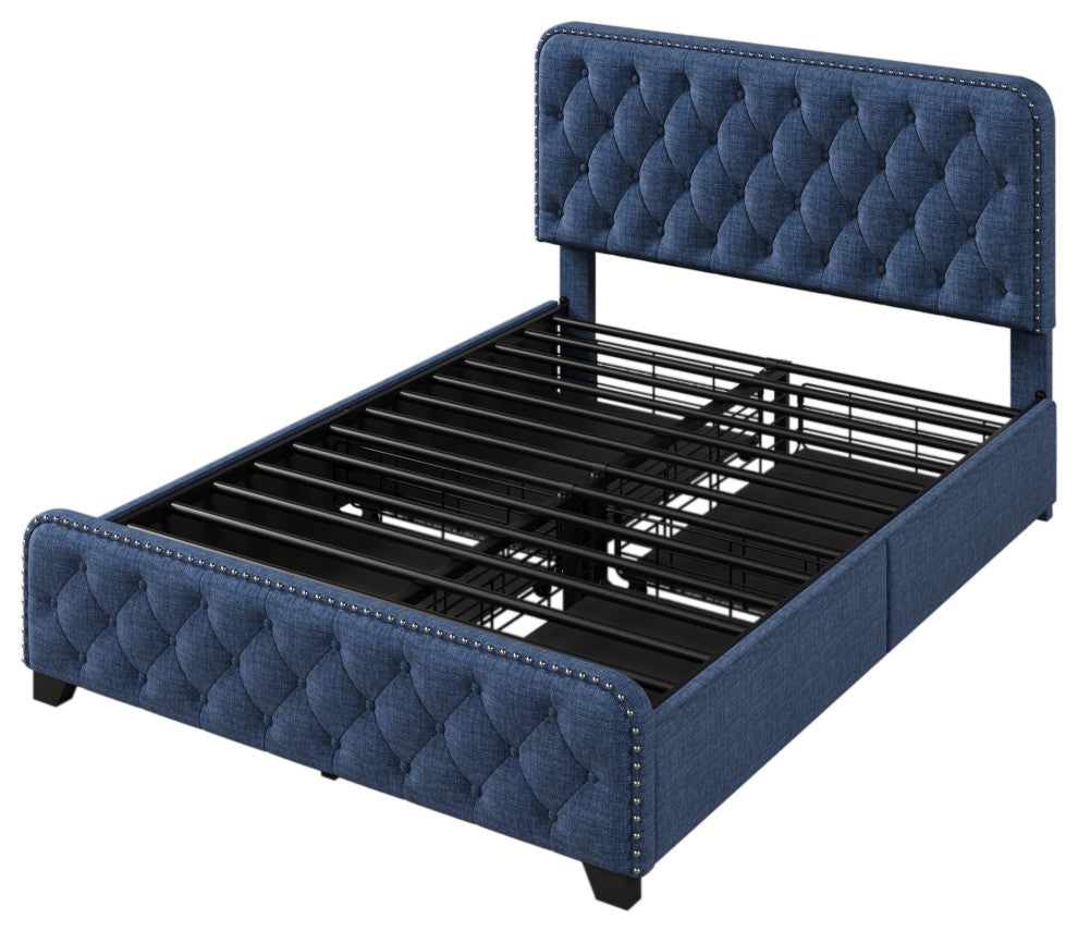 Metal Platform Bed with Headboard, Upholstered and 4-Drawer, Blue, 78.7" X 58.3"