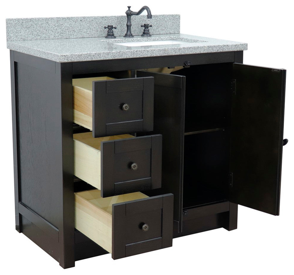37" Vanity, Brown Ash With Gray Granite Top, Right Doors/Right Rectangle Sink