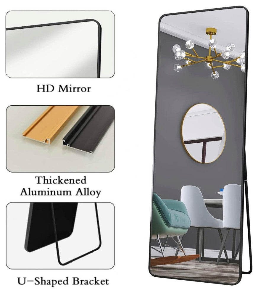 65 inch Rectangular Framed Rust-Proof Floor Bedroom Mirror, Black, 22'' X 65''
