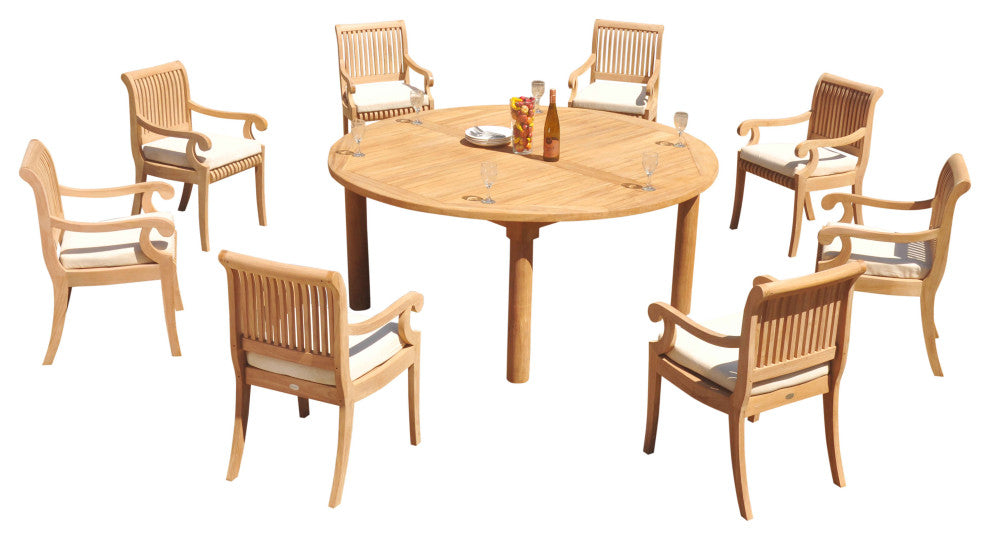 9-Piece Outdoor Patio Teak Dining Set, 72" Round Table, 8 Giva Arm Chair