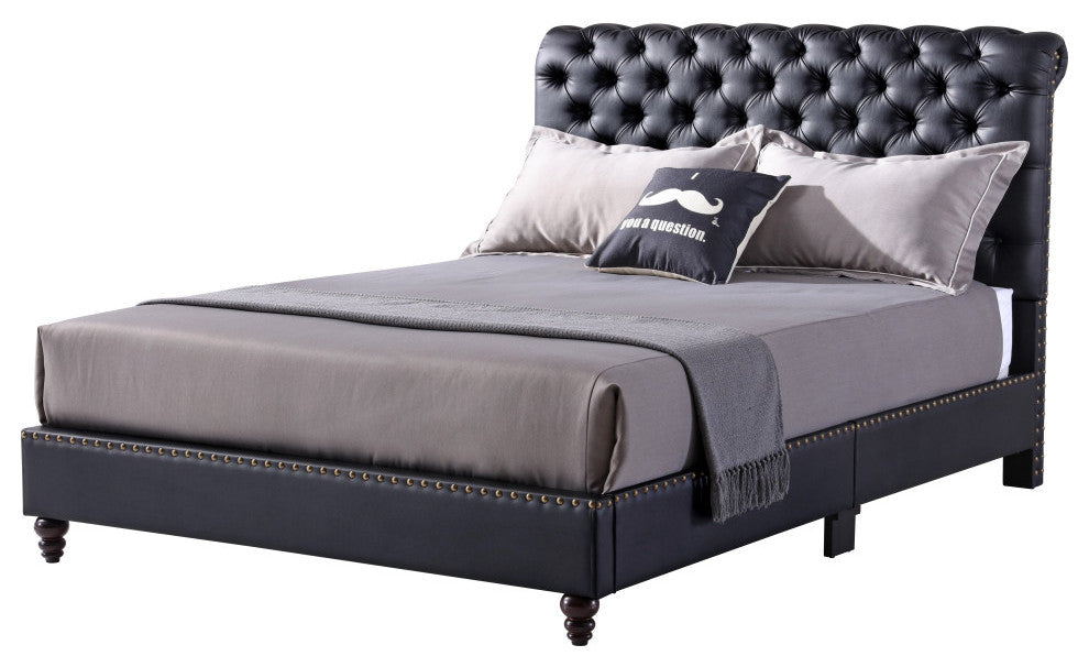 Princeton Tufted Upholstered Faux Leather Bed, Black, Full