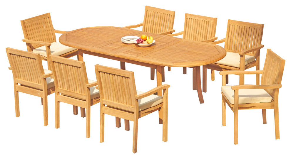 9-Piece Outdoor Teak Dining Set: 94" Oval Table, 8 Leveb Stacking Arm Chairs