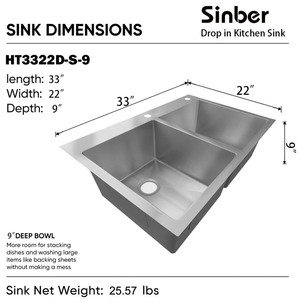 Sinber Double Bowl Kitchen Sink with 304 Stainless Steel Satin Finish, 33"x22"x9", Drop in