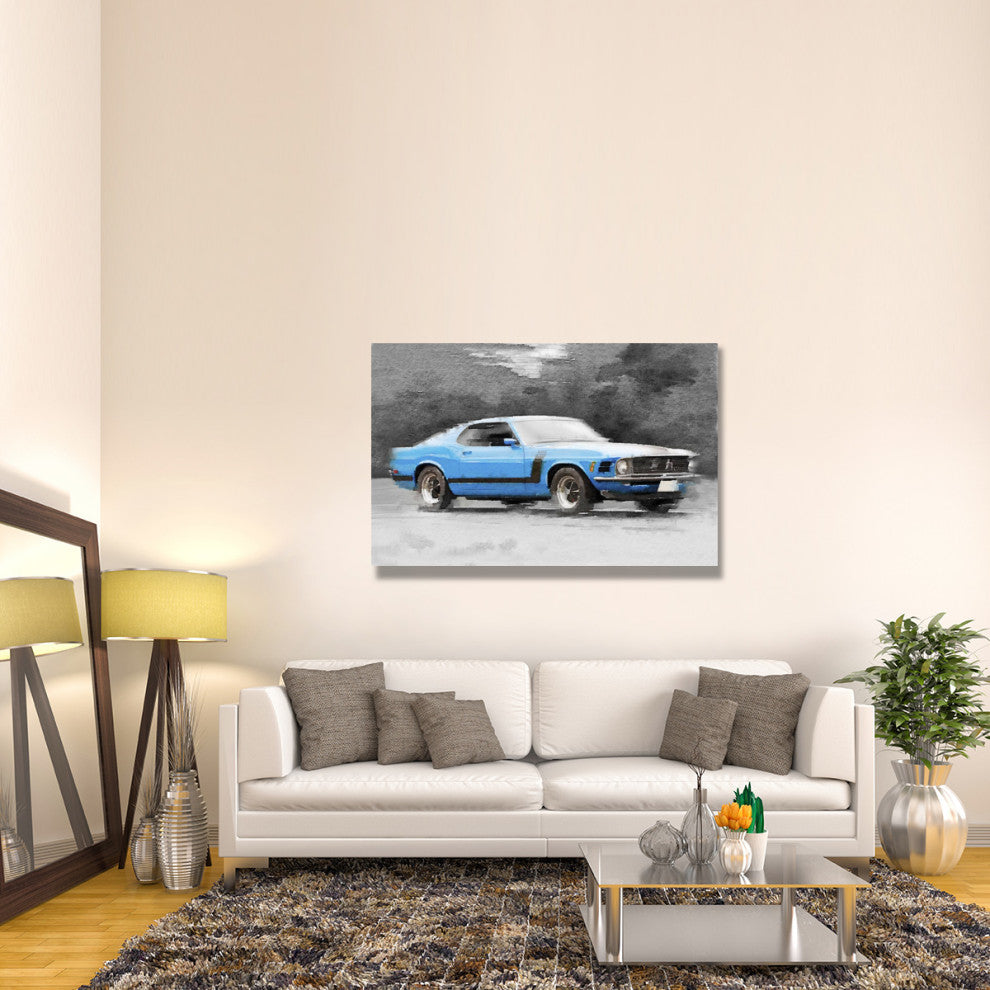 "1970 Ford Mustang Boss Blue Watercolor" Fine Art Print
