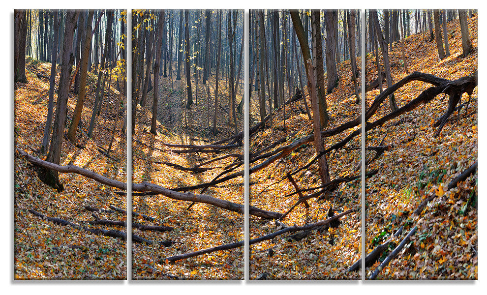 Thick Autumn Forest Panorama, Landscape Canvas Art Print, 48"x28", 4 Panels