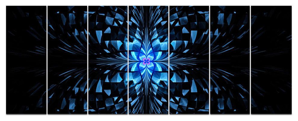 Blue Butterfly Pattern on Black, Abstract Art on Canvas, 83"x32", 7 Panels