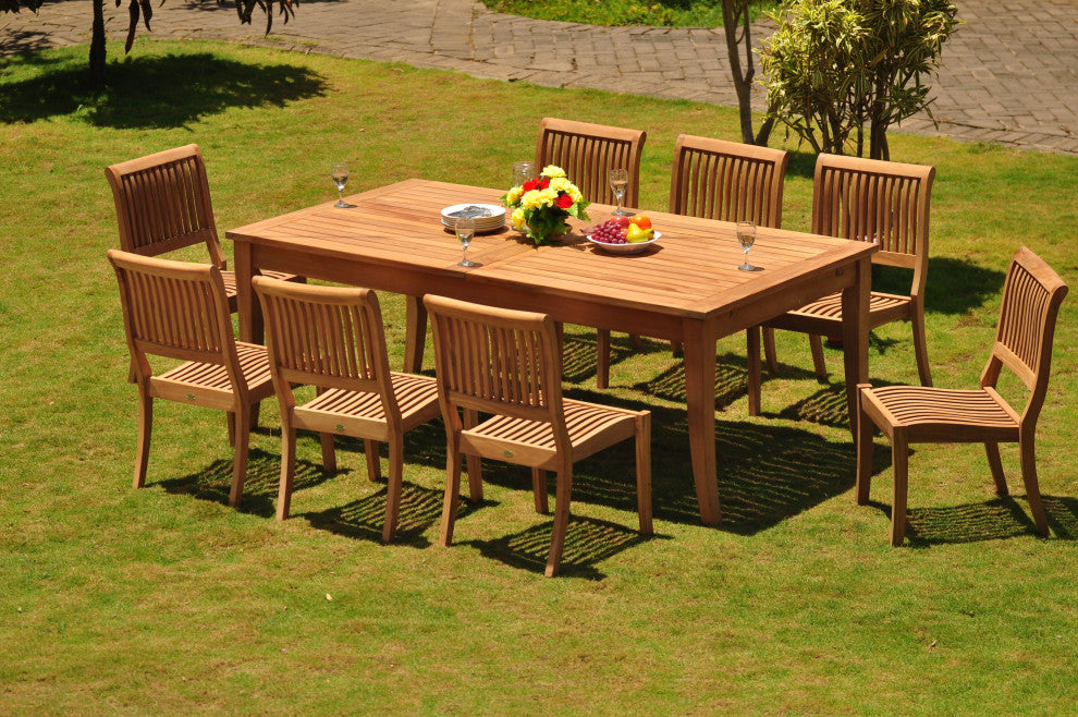 9-Piece Outdoor Teak Dining Set, 122" X-Large Rectangle Table, 8 Arbor Chairs