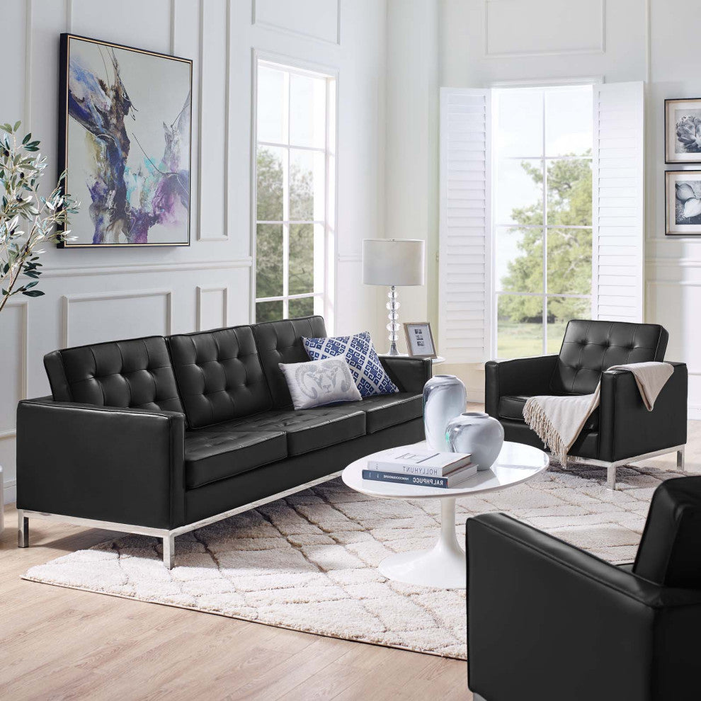 Tufted Armchair and Sofa Set, Faux Leather, Silver Black, Modern, Lounge