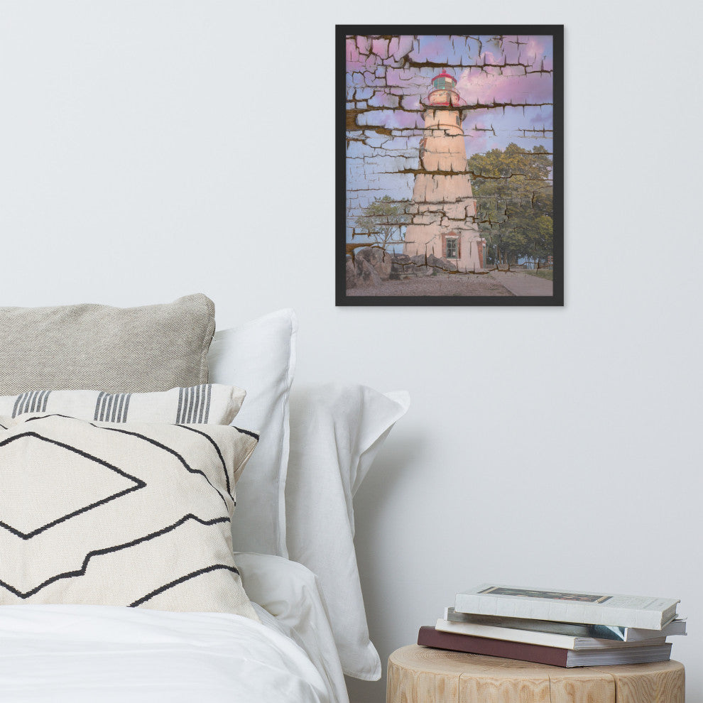 Faux Wood Texture Marblehead Lighthouse at Sunset Framed Photo Wall Art Print, Black, 16" X 20"