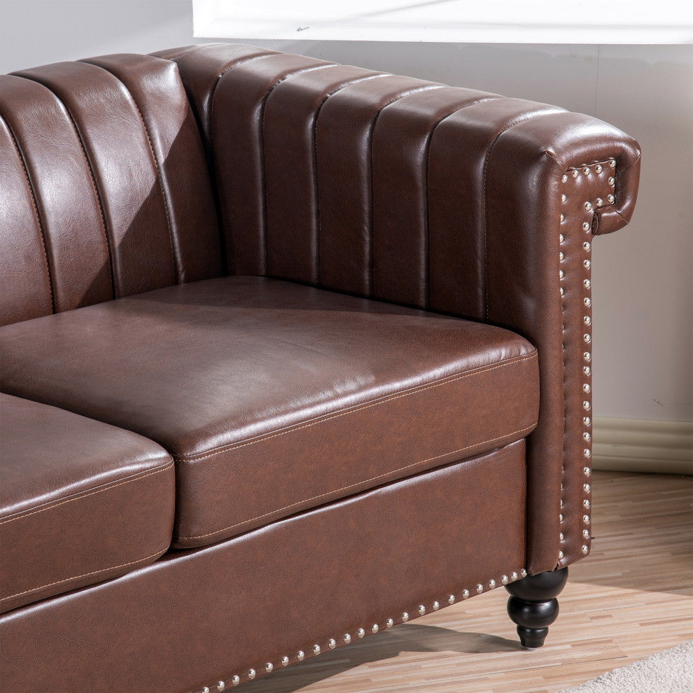 83" Faux leather Square Arm Sofa with Nailhead Trim , Dark Brown