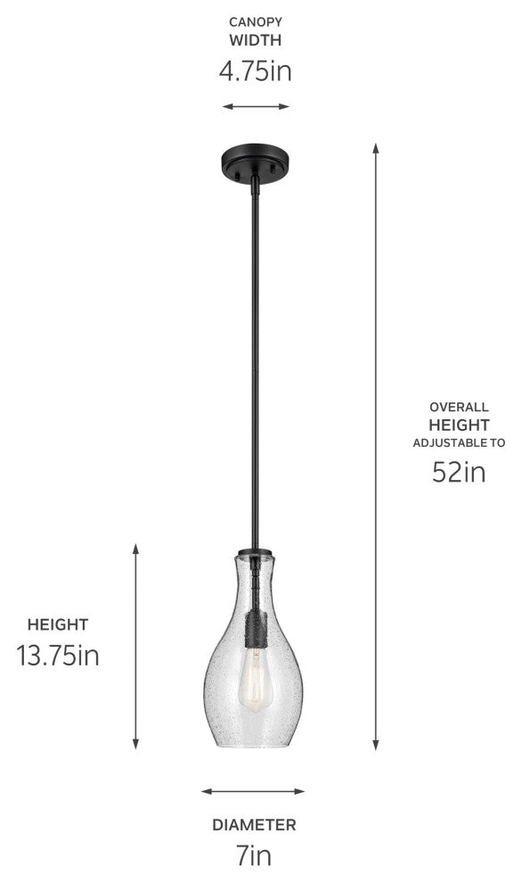 Everly 13.75" 1-Light Bell Pendant With Clear Seeded Glass, Black