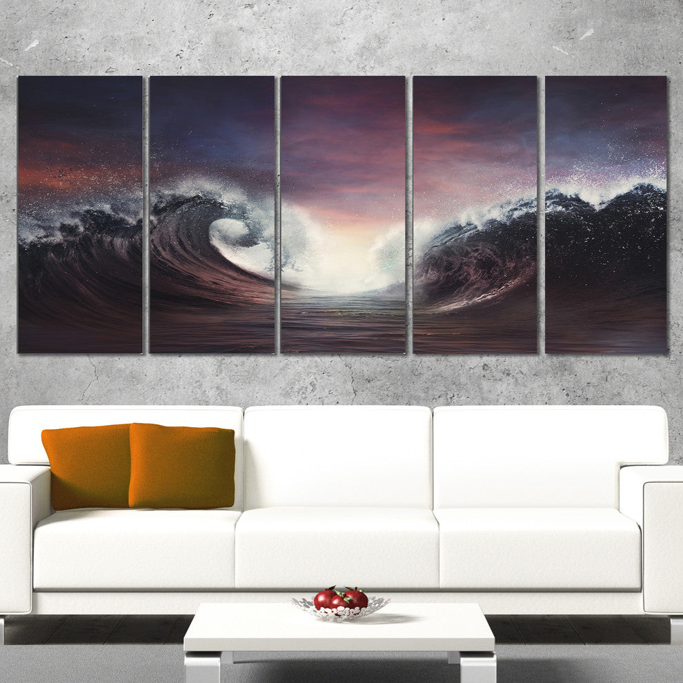 "Dark Parting Ocean With Colorful Clouds" Seashore Wall Art, 5 Panels, 60"x28"