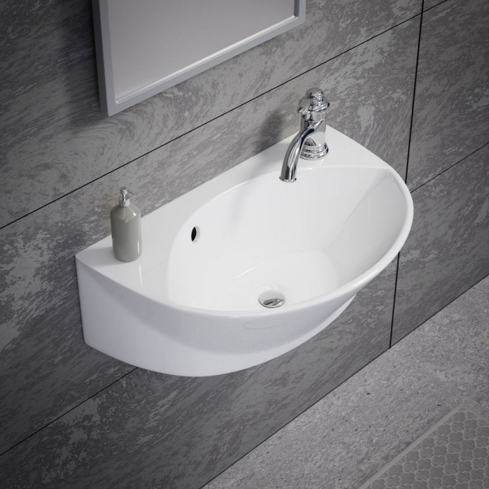 White Ceramic Bathroom Wall Mount Sink 17" Oval Basin with Faucet Hole Overflow