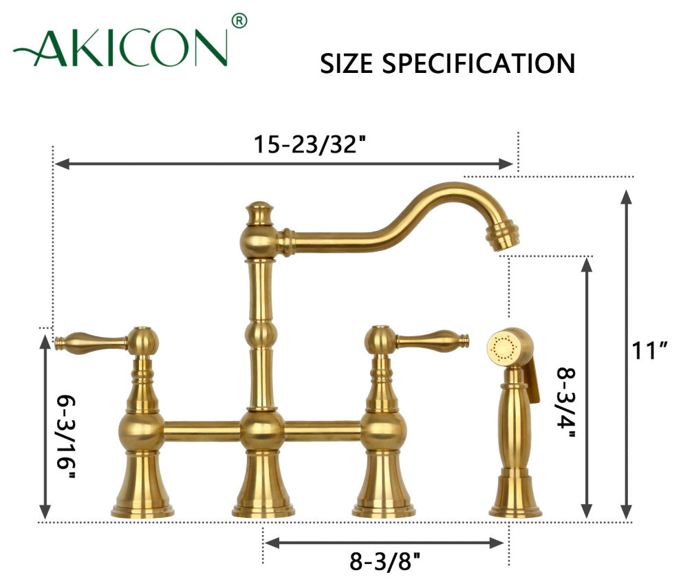 Two-Handles Copper Bridge Kitchen Faucet with Side Sprayer, Brushed Gold