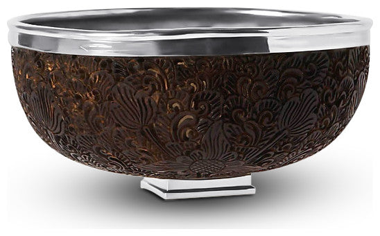 Large Carved Coconut Shell With Sterling Silver Trim and Base