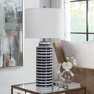 Navy And White Ceramic Base With Brushed Nickel Accents. Table Lamp