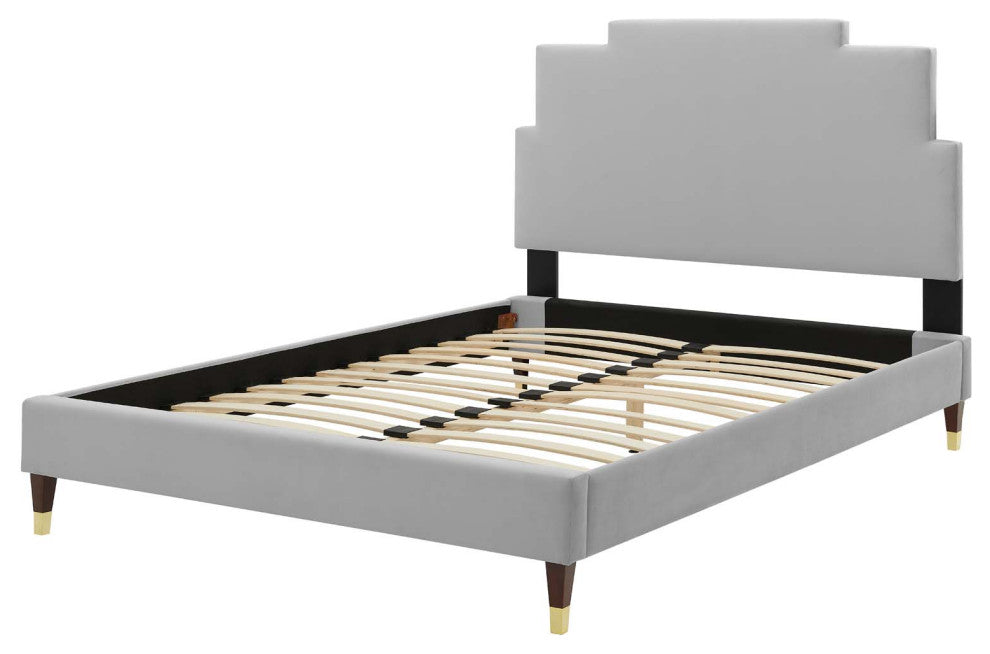 Platform Bed Frame, Queen Size, Velvet, Light Gray, Modern Contemporary