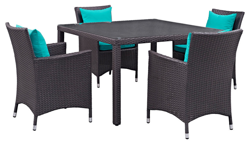 Modway Convene 5 Piece Outdoor Patio Dining Set, Espresso Turquoise