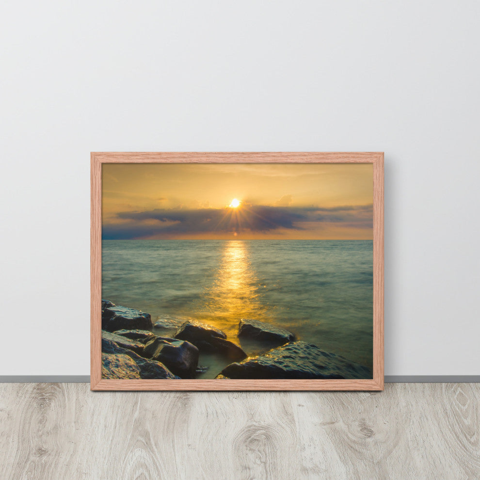Sun Ray on the Water Coastal Landscape Framed Photo Paper Wall Art Print, Red Oak, 16" X 20"