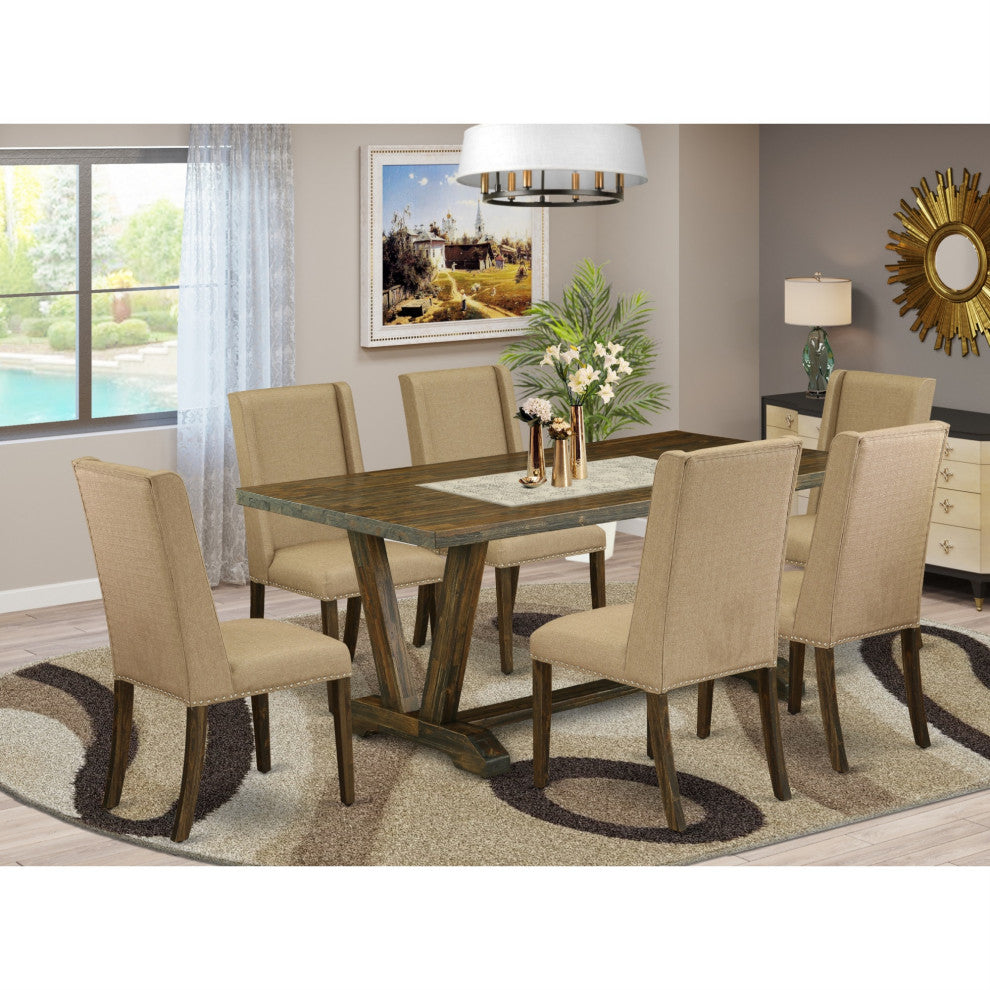 7-Piece Set, 6 Person Chairs and Small Table Wood, High Back Button