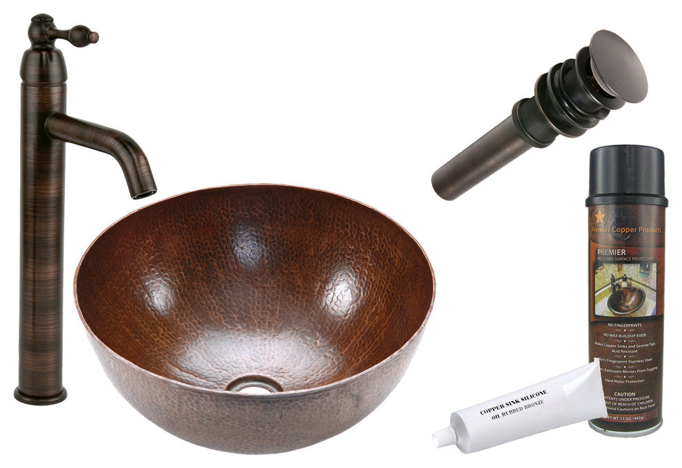 Premier Copper Products BSP1_VR15BDB 15" Round Vessel Copper Sink Package