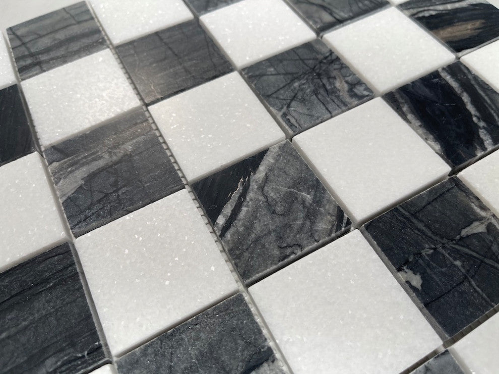 Silver Wave Black Forest Thassos White Marble Checkerboard Tile Honed, 1 sheet