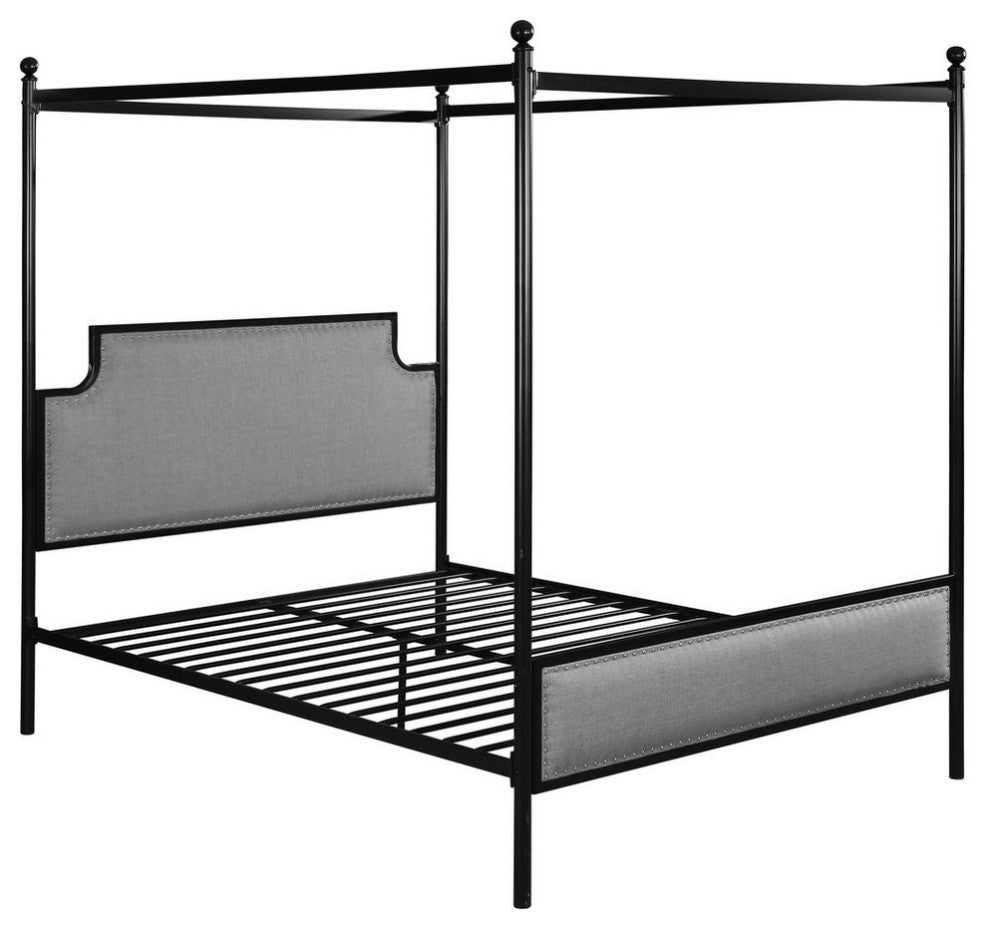 Asa Queen Size Iron Canopy Bed With Upholstered Studded Headboard, Gray, Flat Bl