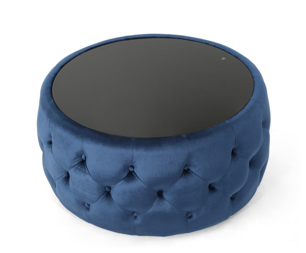 GDF Studio Ivy Glam Velvet and Tempered Glass Coffee Table Ottoman, Cobalt/Black