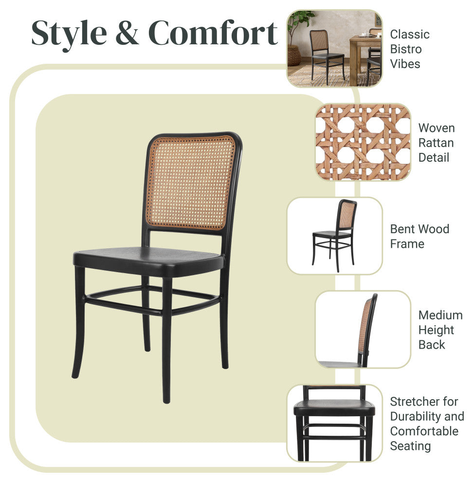 Sonora Rattan Dining Side Chair Wood Seat, Black/Natural