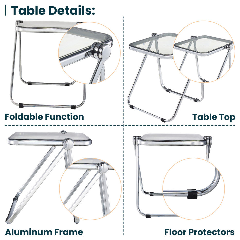 LeisureMod Lawrence Modern Rectangular Folding Table With Aluminum Frame, Transparent Black