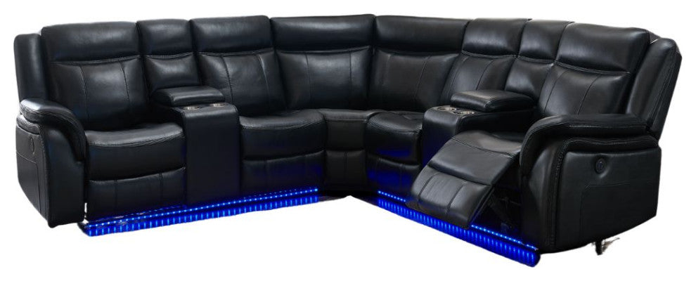 HomeRoots Power reclining Sectional Sofa, Black Leather Air