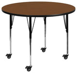 Mobile 48'' Round Oak HP Laminate Activity Table-Adjustable Legs