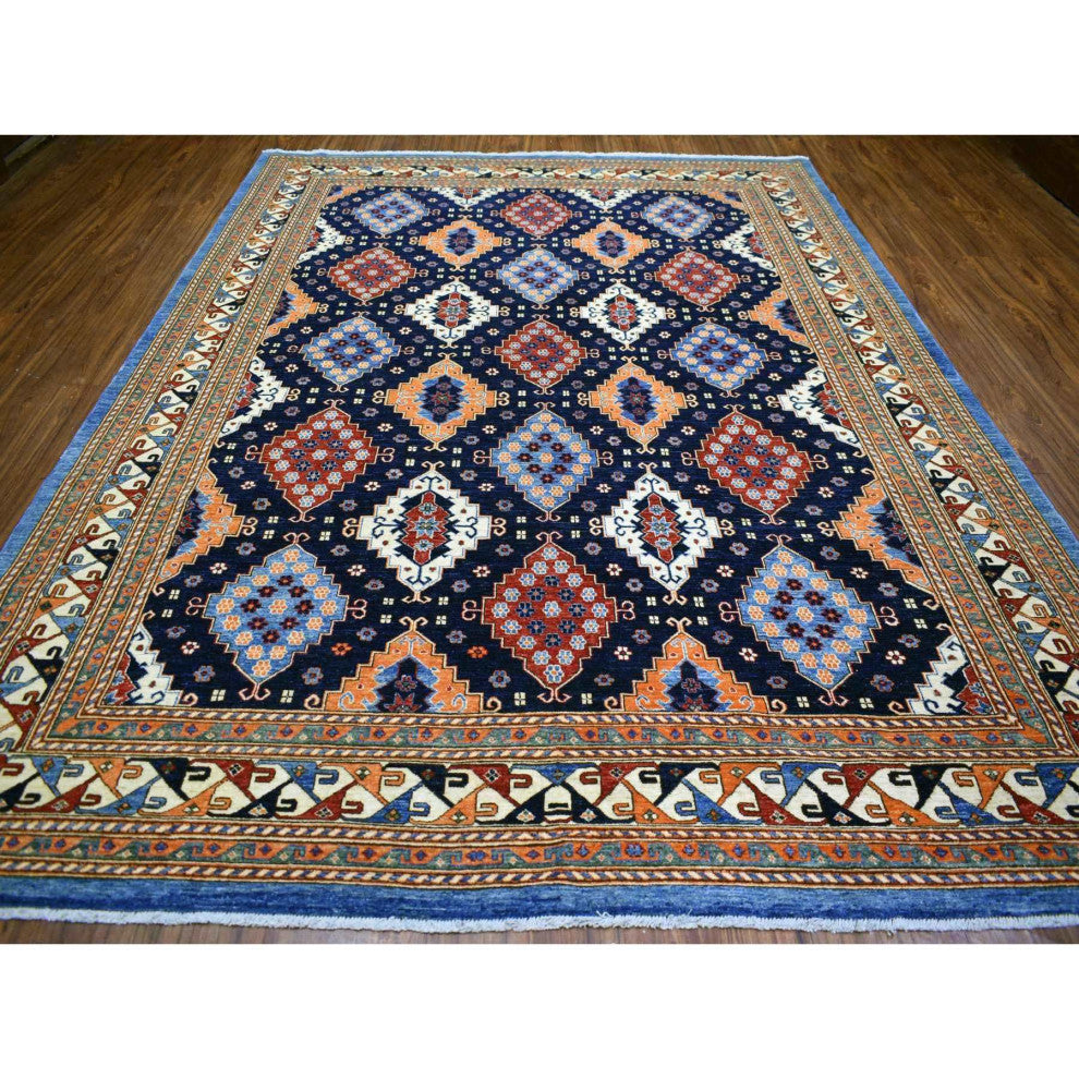 Blue Afghan Ersari With Large Elements Soft Wool Hand Knotted Rug, 9'2"x11'10"