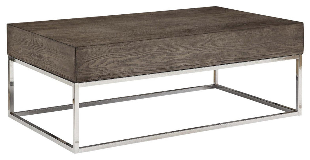 Wooden Rectangular Coffee Table with Metal Geometric Open Base, Silver and Gray