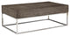 Wooden Rectangular Coffee Table with Metal Geometric Open Base, Silver and Gray