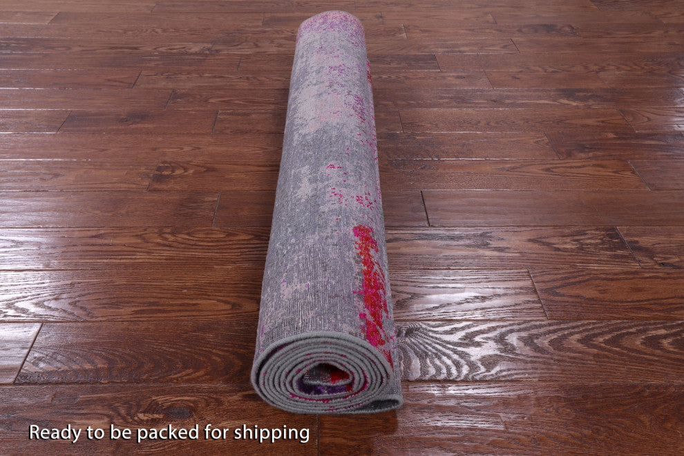 3' 11" X 11' 10" Abstract Handmade Wool and Silk Runner Rug Q9076