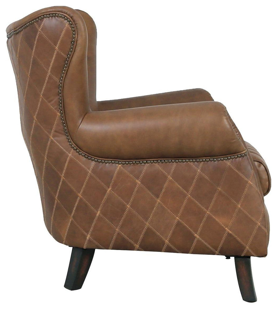 Pasargad Home Harrison Top Grain Leather Upholstered Wing Chair, Brown
