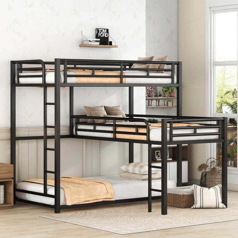 Gewnee L-shaped Metal Triple Twin Size Bunk Bed in Black