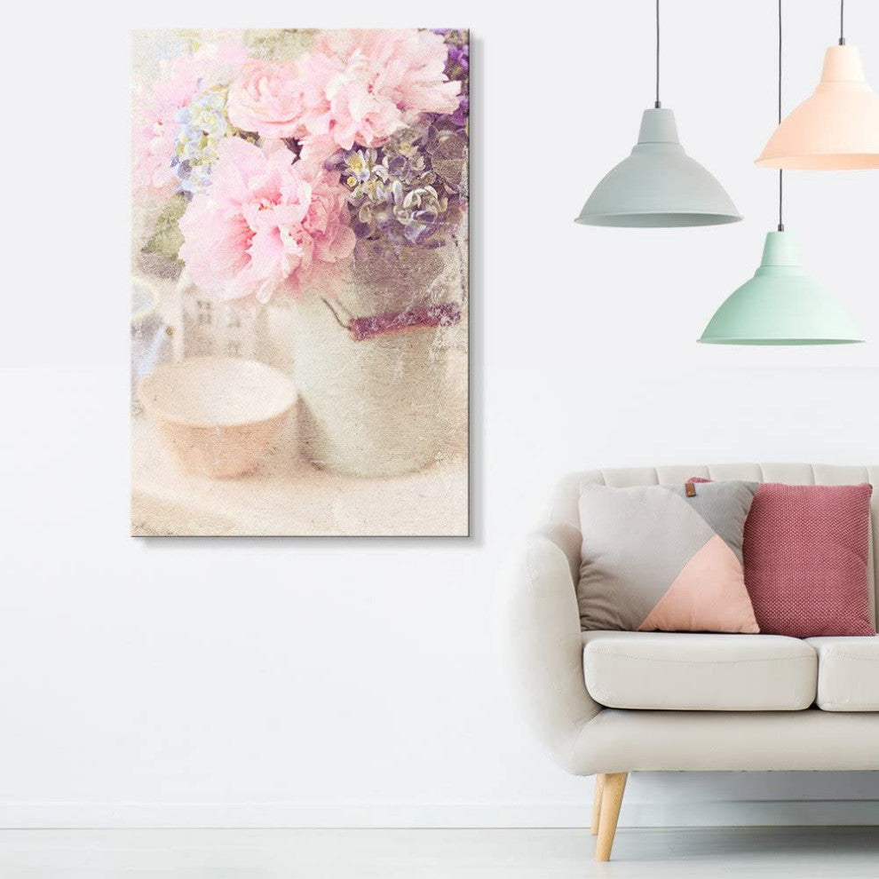 Canvas Wall Art - Vintage Style Pink Flowers in Vase