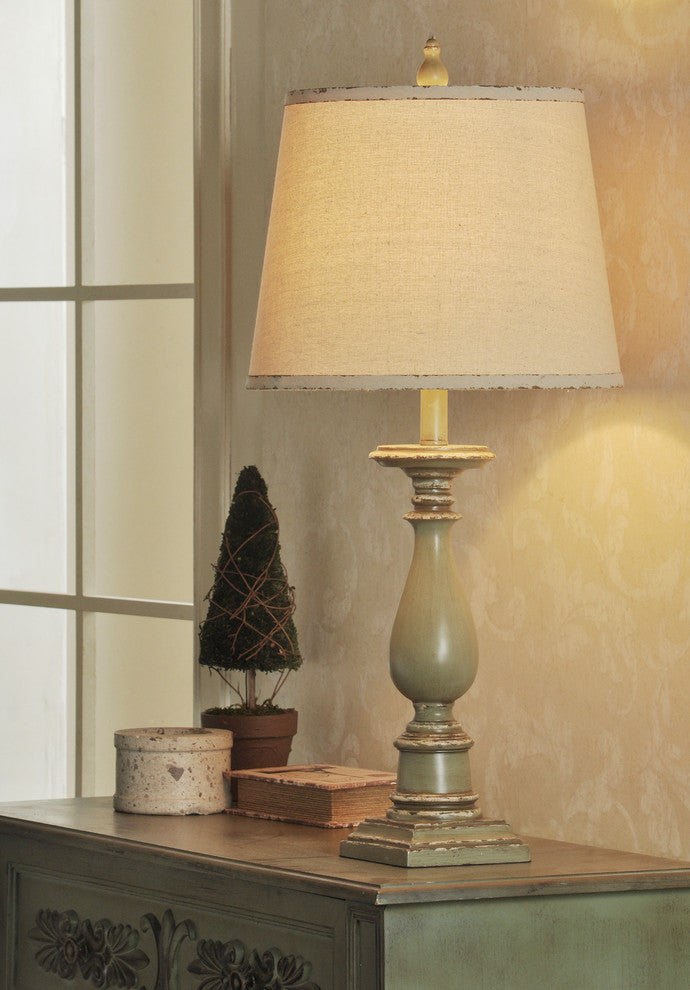 Mackinaw Table Lamp, Distressed Green Finish, Off-White Hardback Fabric Shade